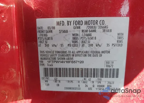 2008 Ford F-150 60Th Anniversary/Fx4/King Ranch/Lariat/Xlt z USA, uszkodzony, nr VIN 1FTPW14V18FB57120